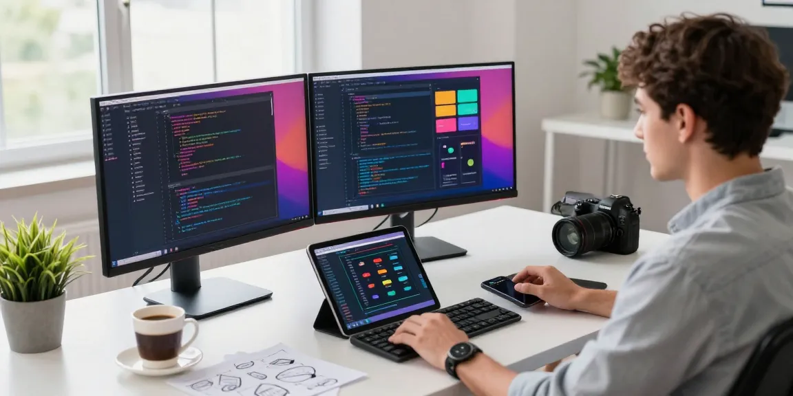 Developer coding at a modern desk with dual monitors, embodying WPS Official Website's innovative tech workspace.